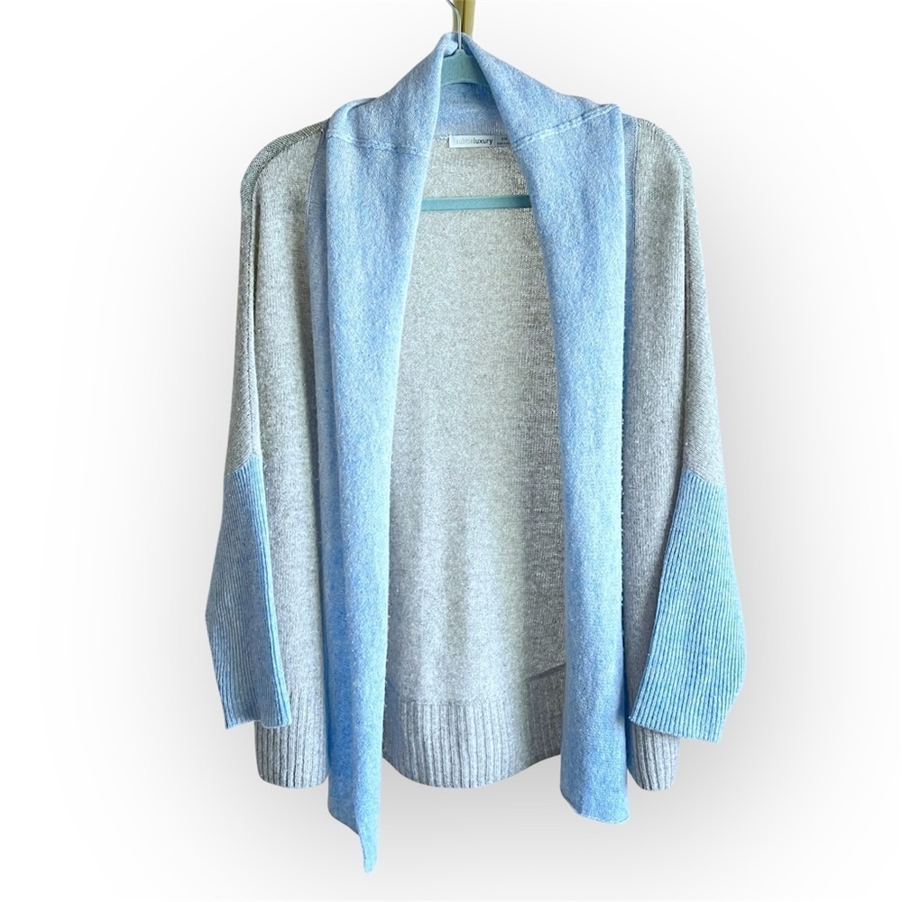Subtle Luxury 100%Cashmere cocoon Cardigan open front shawl collar blue S/M - Picture 2 of 13
